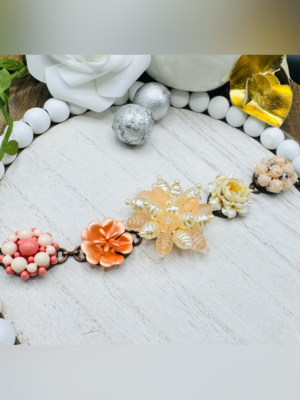 Vintage Peaches and Cream Crystal Cluster Flower Bracelet in Peach Tones